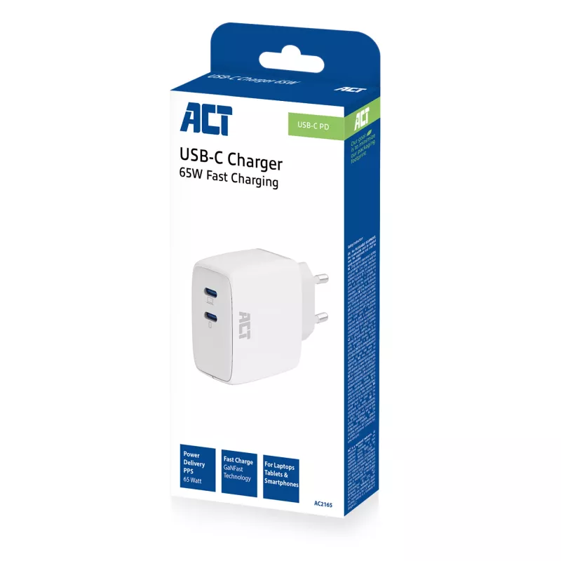 ACT USB-C-laturi 65W 2-porttinen Power Delivery PPS ja GaNFast