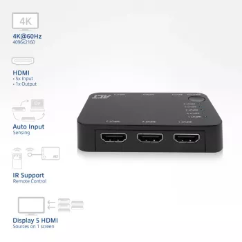 ACT 4K HDMI-kytkin 5 in, 1 out, HDMI, musta, 2160p, 18 Gbit/s, 4096 x 2160 pikseliä, 4K Ultra HD