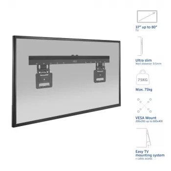 ACT AC8356 kiinteä TV-seinäteline 37 inch - 80 inch televisioille, ultralitteä, VESA 200x200–600x400, 75 kg kantavuus, 9,5 mm seinäetäisyys, musta