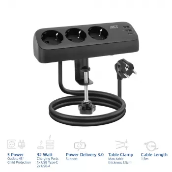 ACT pöytäpistorasia 3 Type-F-pistorasialla, 30W Power Delivery, USB Type-C/A-liitännät, kaapelin pituus 1,5 metriä