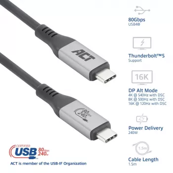 ACT USB4 80Gbps Thunderbolt 5 -kaapeli 240W USB Type-C, USB-IF-sertifioitu, 1,5 metriä
