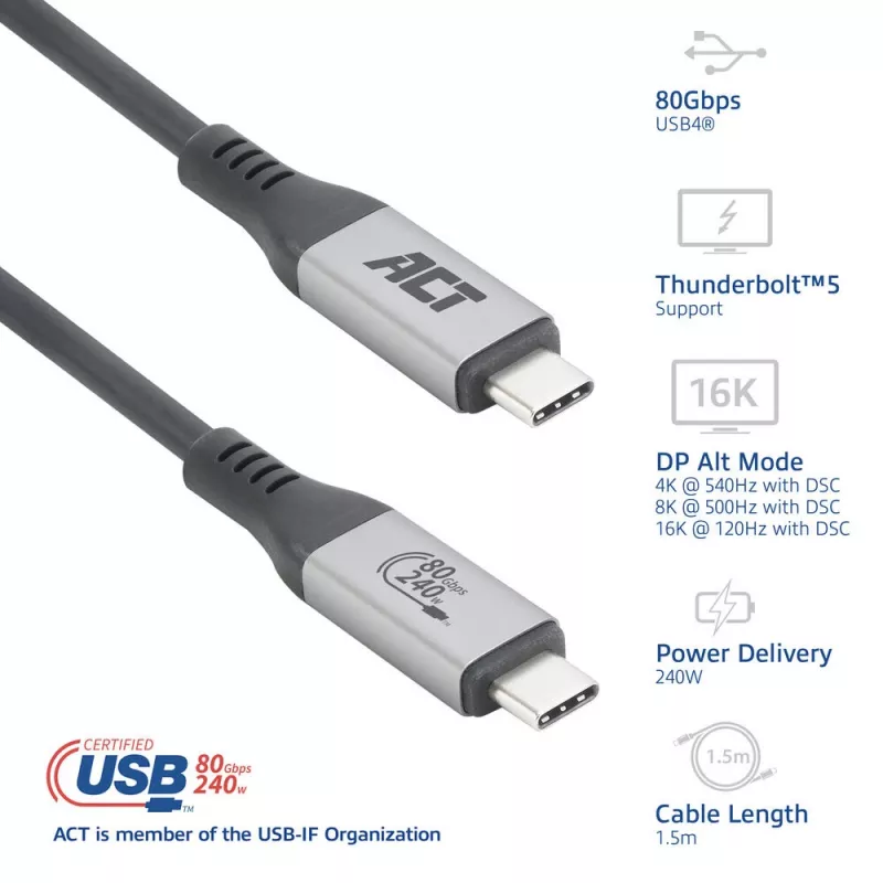 ACT USB4 80Gbps Thunderbolt 5 -kaapeli 240W USB Type-C, USB-IF-sertifioitu, 1,5 metriä