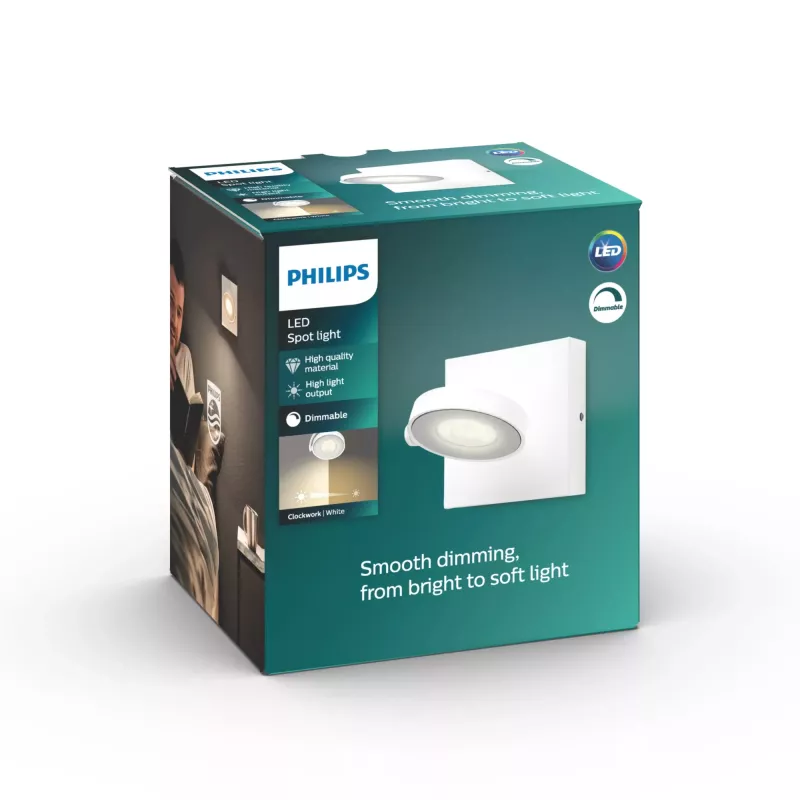 Pinta-asennettava LED-kohdevalo Signify Philips Dimmable Clockwork 6,5W, 500 lm, 2700 K, IP20, valkoinen