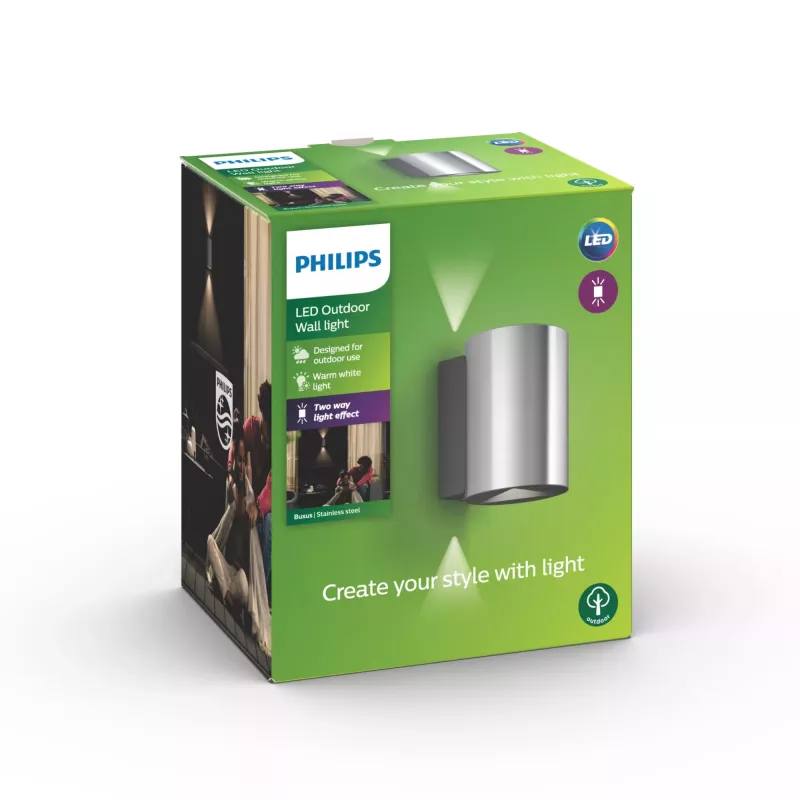 Philips myGarden Buxus seinävalaisin 4,5 W, ulkoseinävalaisin, ruostumaton teräs, metalli, IP44, terassi, puutarha, I