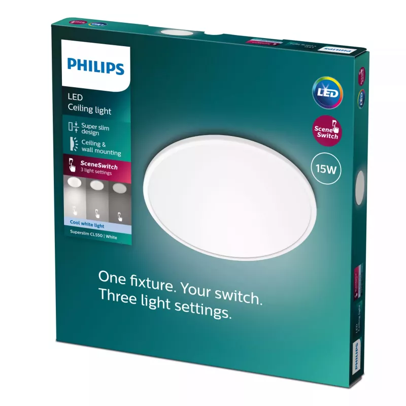 Kattovalaisin Philips Functional super ohut 15 W LED, pyöreä, 250 mm, 220–240 V, valkoinen