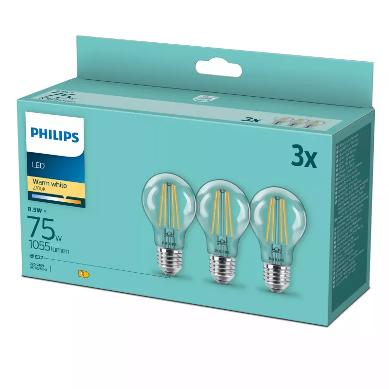 Philips LED-filamenttilamppu E27 3 kpl:n pakkaus, 8,5 W (75 W vastaava), 2700 K