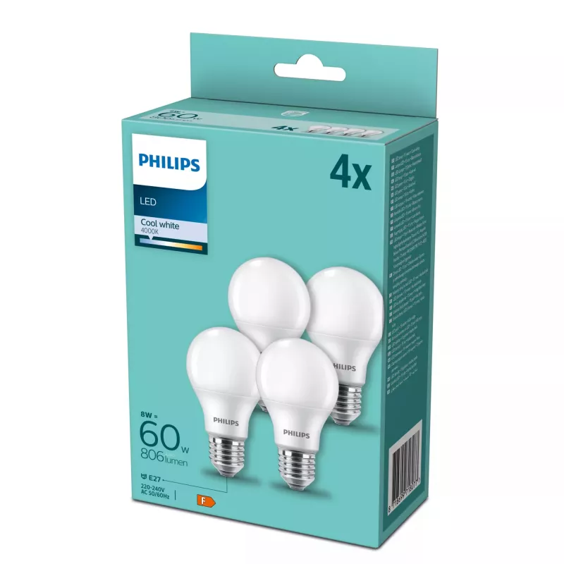LED-lamppu Philips E27 60W 4000K, 4 kpl:n pakkaus — E27-kanta, 4000K neutraali valkoinen