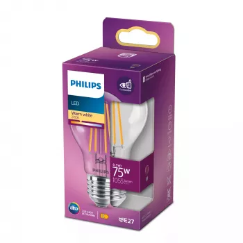 Philips Filament lamppu kirkas 75W A60 E27 8,5W lämmin valkoinen 1055lm