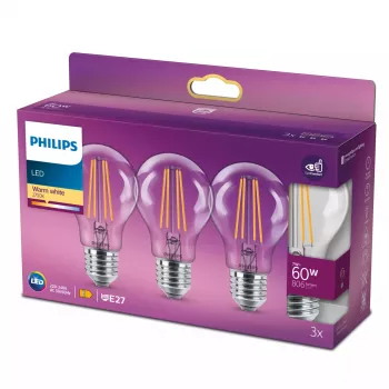 Philips Filament Bulb Clear 60W A60 E27 x3, 7 W, 60 W, E27, 806 lm, 15000 h, lämmin valkoinen