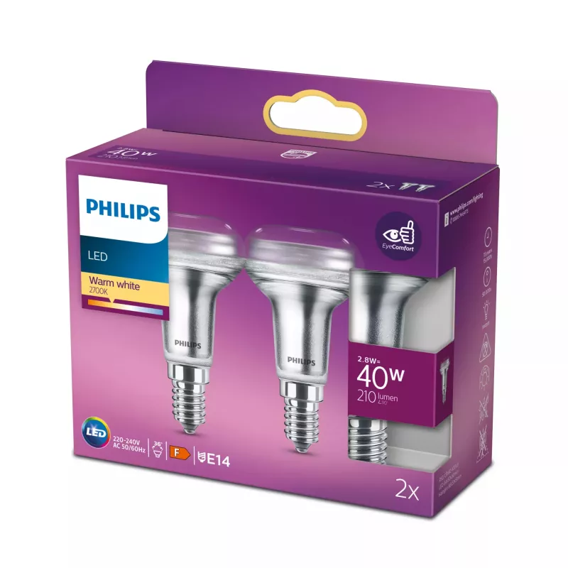 Philips Reflector 40W R50 E14 x2, 2,8 W, 40 W, E14, 210 lm, 15000 h, lämmin valkoinen