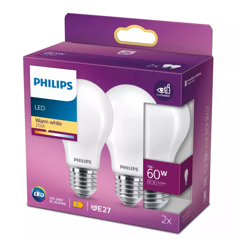 LED-filamenttilamppu Philips A60 E27 7W (vastaa 60W), 2700K, 806 lm, matt – 2 kpl:n pakkaus