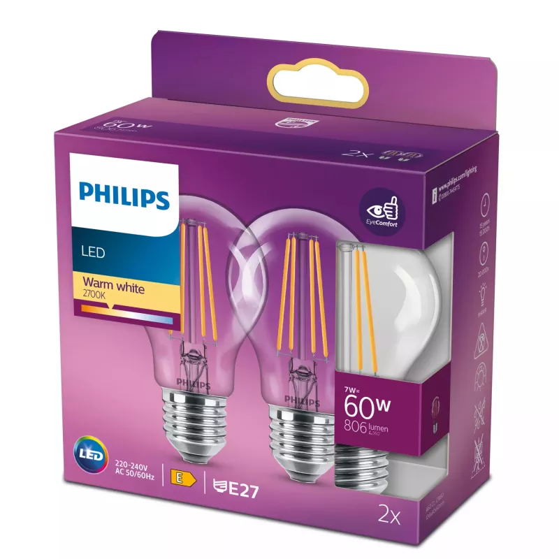 LED-filamenttilamppu Philips A60 7W (vastaa 60W) E27 kirkas 2700K 2 kpl:n pakkaus