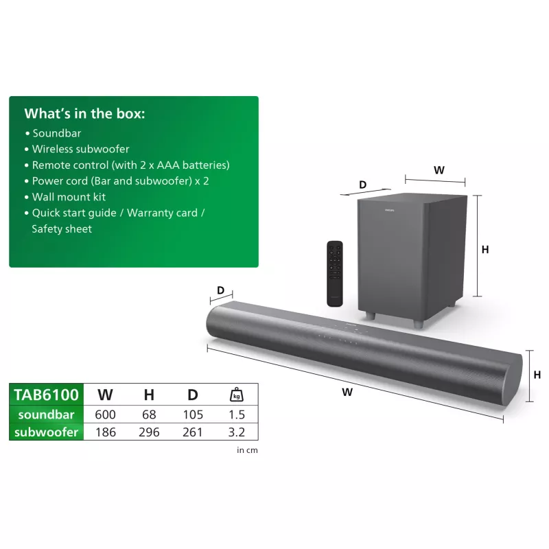Soundbar Philips TAB6100/10 2.1-kanava 80 W RMS Dolby Atmos