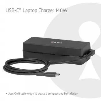 USB-C kannettavan tietokoneen laturi CLUB 3D 140W, verkkovirta, yleinen yhteensopivuus, 1 m kaapeli, musta