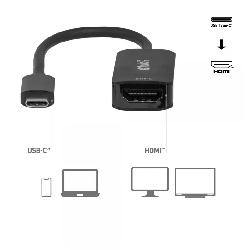 USB-C - HDMI 2.1 -adapteri Club 3D CAC-2505 — 8K@60Hz, USB Type-C - HDMI + USB, 0,12 m