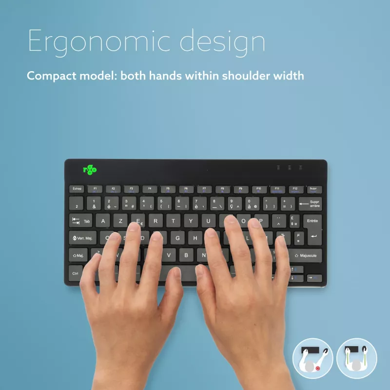 Ergonominen näppäimistö R-Go Tools R-Go Compact Break, kompakti näppäimistö tauko-ohjelmistolla, AZERTY (FR), Bluetooth, musta