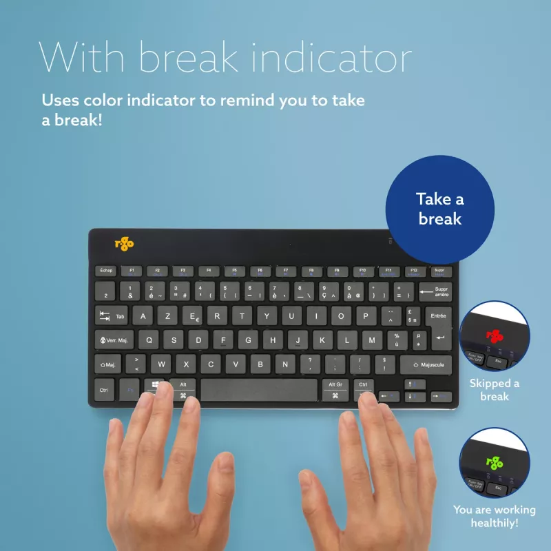 Ergonominen näppäimistö R-Go Tools R-Go Compact Break, kompakti näppäimistö tauko-ohjelmistolla, AZERTY (FR), Bluetooth, musta