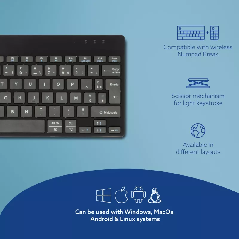 Ergonominen näppäimistö R-Go Tools R-Go Compact Break, kompakti näppäimistö tauko-ohjelmistolla, AZERTY (FR), Bluetooth, musta