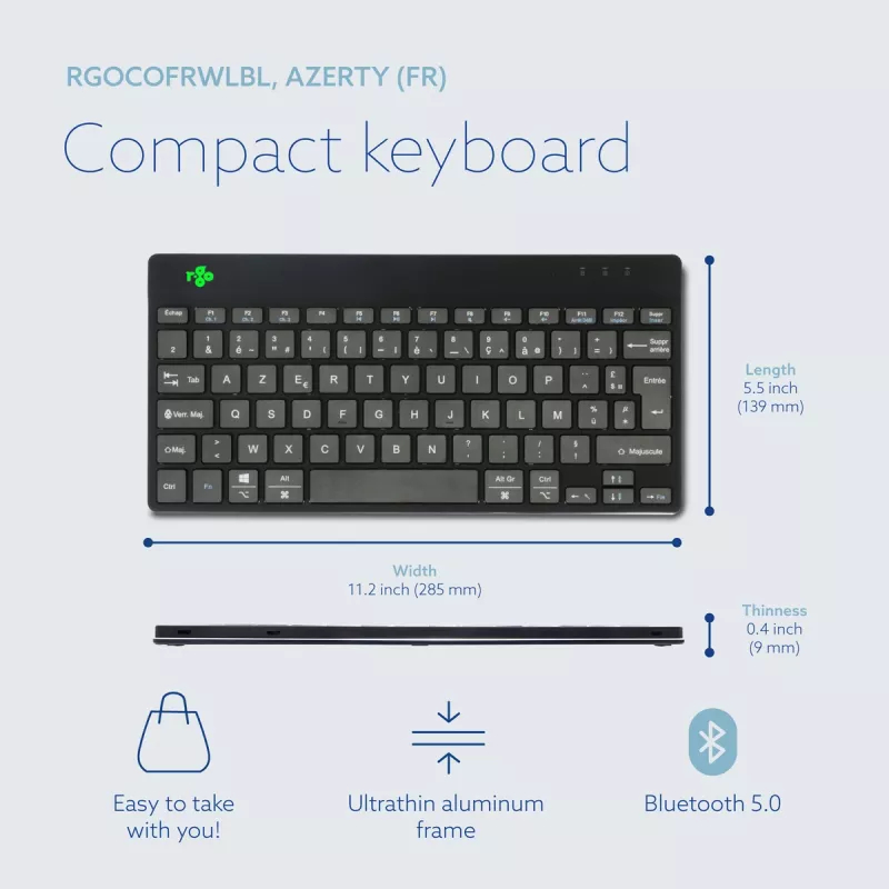 Ergonominen näppäimistö R-Go Tools R-Go Compact Break, kompakti näppäimistö tauko-ohjelmistolla, AZERTY (FR), Bluetooth, musta