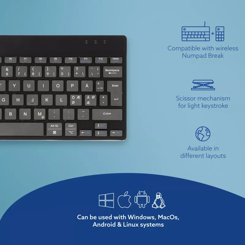 R-Go Tools ergonominen näppäimistö R-Go Compact Break, kompakti näppäimistö tauko-ohjelmistolla, QWERTY (NORDIC), Bluetooth, musta