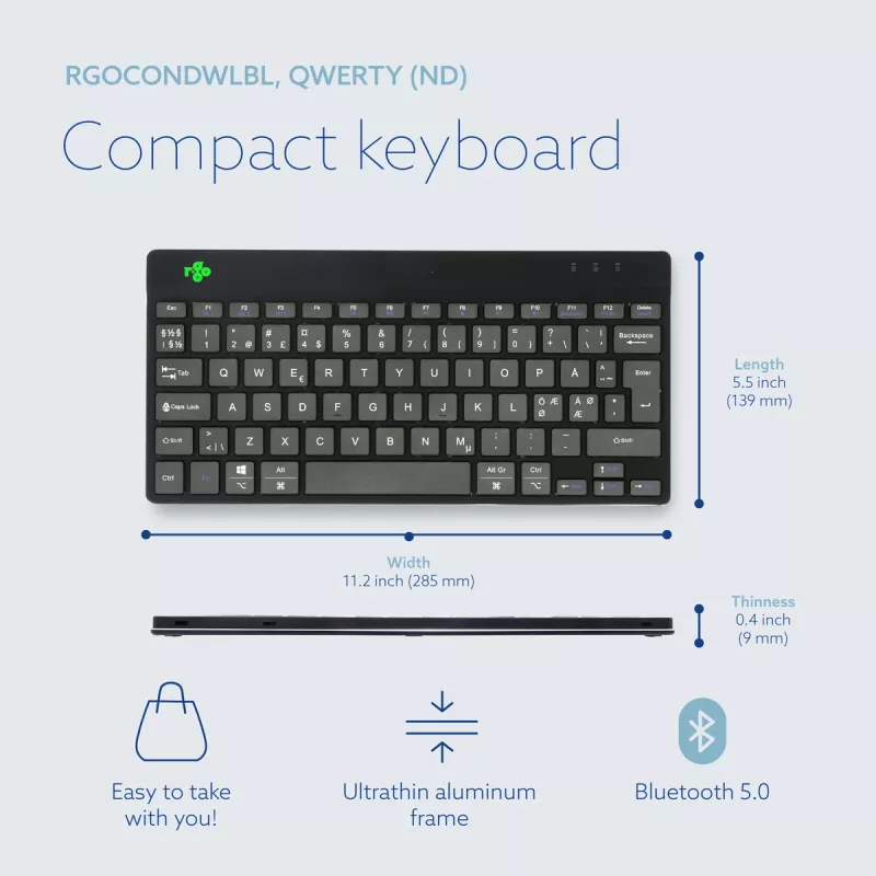 R-Go Tools ergonominen näppäimistö R-Go Compact Break, kompakti näppäimistö tauko-ohjelmistolla, QWERTY (NORDIC), Bluetooth, musta