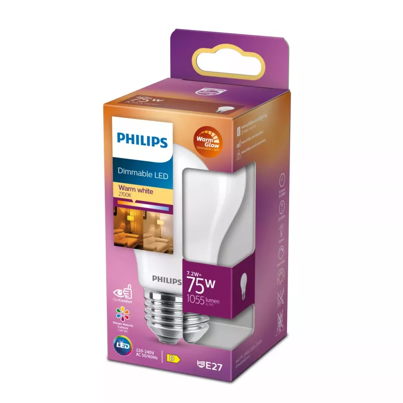 Philips Filament-lamppu himmeä 75 W A60 E27, 7,2 W, 75 W, E27, 1055 lm, 15 000 h, lämmin hehku