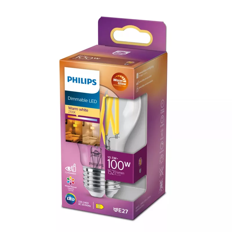 Philips Filament Bulb Clear 100W A60 E27, 10,5 W, 100 W, E27, 1521 lm, 15000 h, lämmin hehku