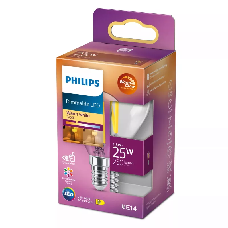 Philips Filament Candle Clear 25W P45 E14, 2,5 W, 25 W, E14, 340 lm, 15000 h, lämmin hehku