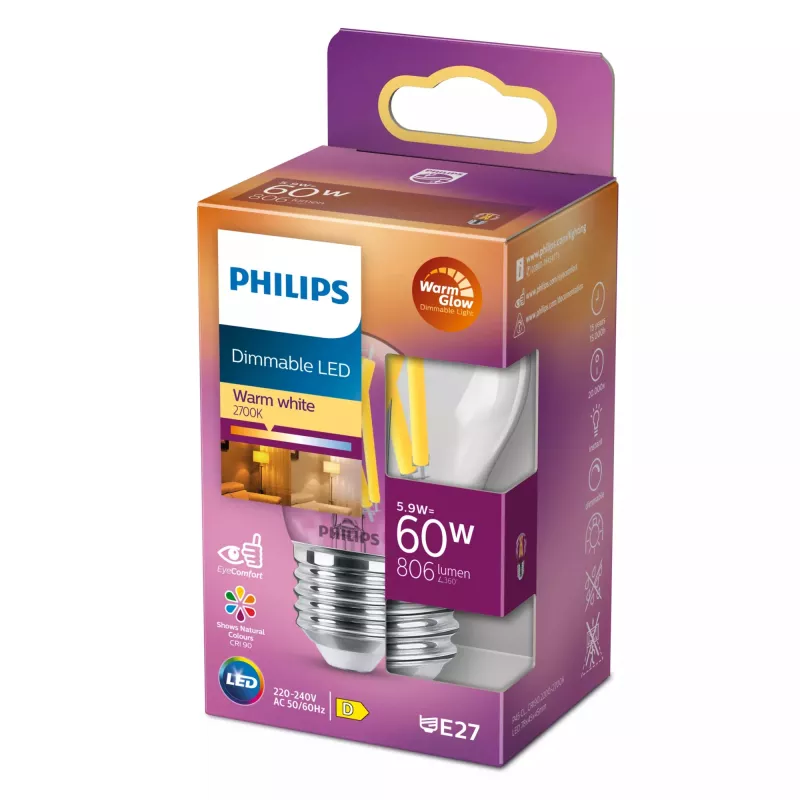 Philips Filament Candle Clear 60W P45 E27, 5,9 W, 60 W, E27, 806 lm, 15 000 h, lämmin valo