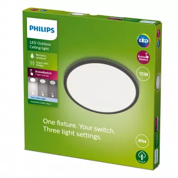 Kattovalaisin Philips Superslim 15W LED, 4000K, IP54, 250×250 mm, musta/valkoinen