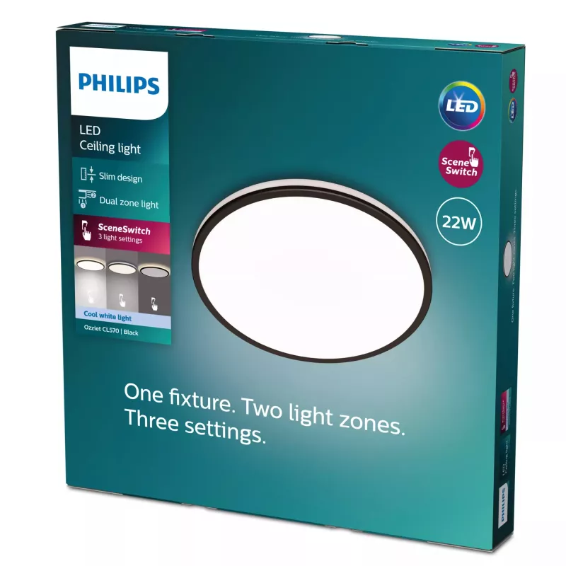 Kattovalaisin Signify Philips Functional Ozziet, LED 22 W, pyöreä 400 mm, musta, ei vaihdettavat lamput