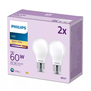 Philips Filament-lamppu himmeä 60W A60 E27 2 kpl:n pakkaus, 7 W, 60 W, E27, 806 lm, 15000 h, lämmin valkoinen