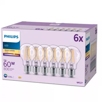 Philips Filament-lamppu himmeä 60W A60 E27 x6, 7 W, 60 W, E27, 806 lm, 15000 h, lämmin valkoinen