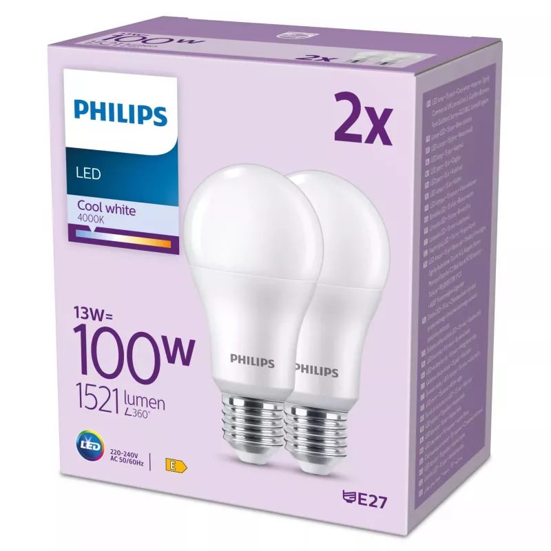 Philips lamppu 100W A67 E27 x2, 13 W, 100 W, E27, 1521 lm, 15000 h, kylmä valkoinen