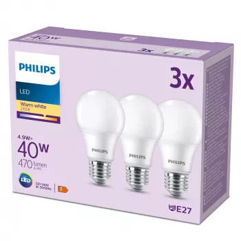 Philips lamppu 40W A60 E27 x3, 4,9 W, 40 W, E27, 470 lm, 15000 h, lämmin valkoinen