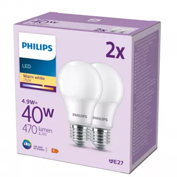 Philips lamppu 40W A60 E27 x2, 4,9 W, 40 W, E27, 470 lm, 15000 h, lämmin valkoinen