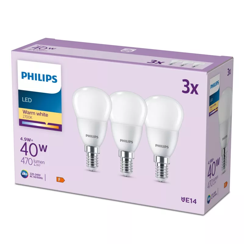 Philips kynttilälamppu 40W P45 E14 x3, 4,9 W, 40 W, E14, 470 lm, 15000 h, lämmin valkoinen