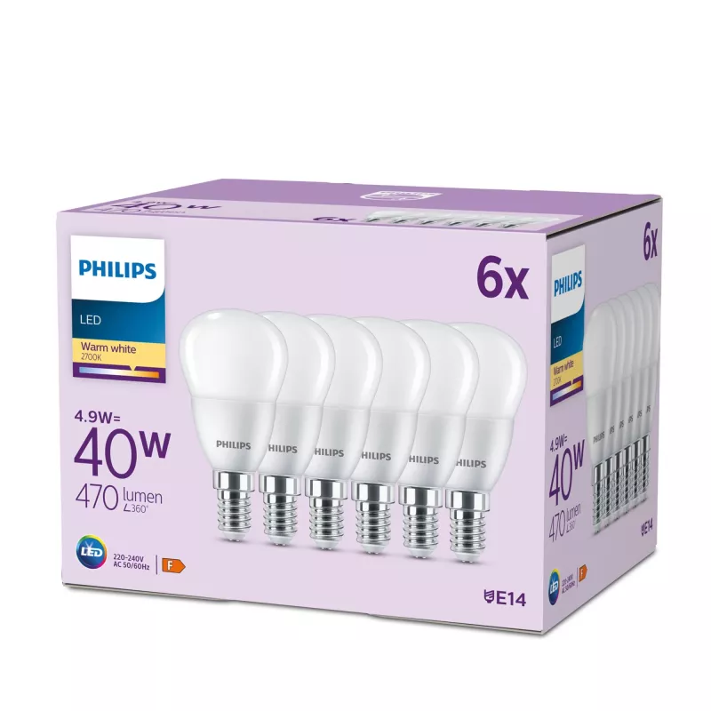 Philips kynttilälamppu 40W P45 E14 x6, 4,9 W, 40 W, E14, 470 lm, 15000 h, lämmin valkoinen