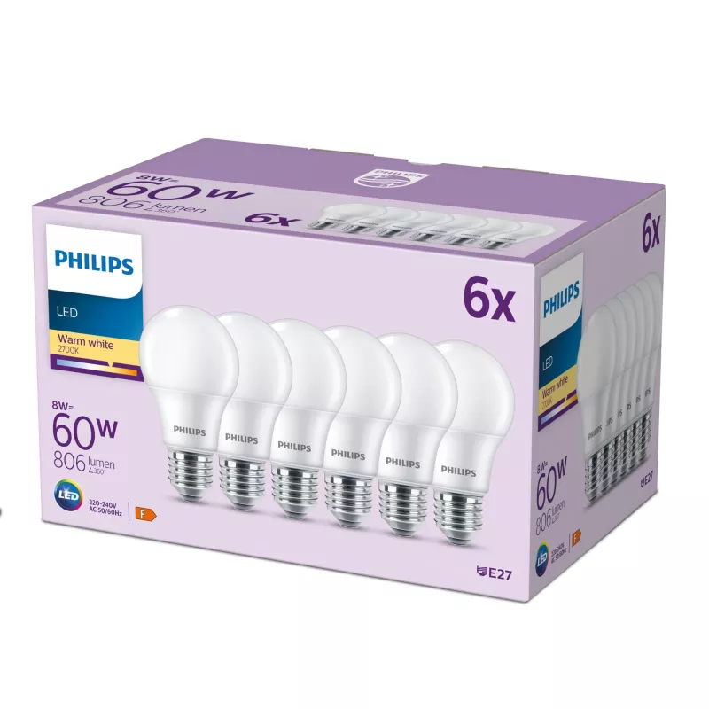 Philips lamppu 60W A60 E27 x6, 8 W, 60 W, E27, 806 lm, 15000 h, lämmin valkoinen