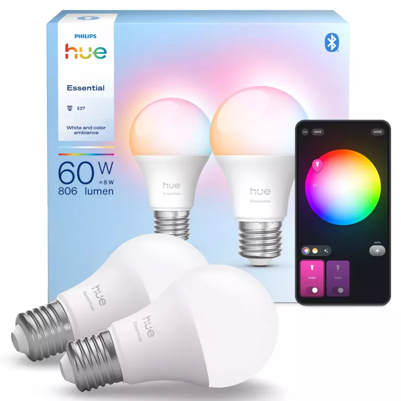Philips Hue White and colour ambience Essential A60 – E27 älylamppu – 806 lm – 8W – 2 kpl:n pakkaus