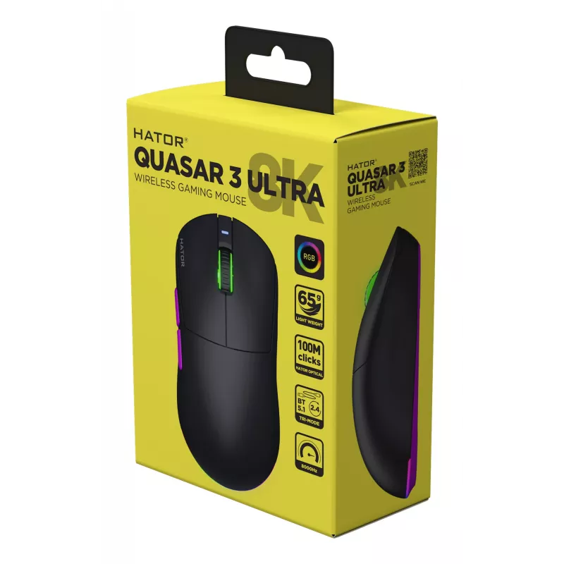 HATOR Quasar 3 Ultra 8K Wireless hiiri pelikäyttöön molempikätinen RF Wireless + Bluetooth + USB Type-A optinen 30000 DPI