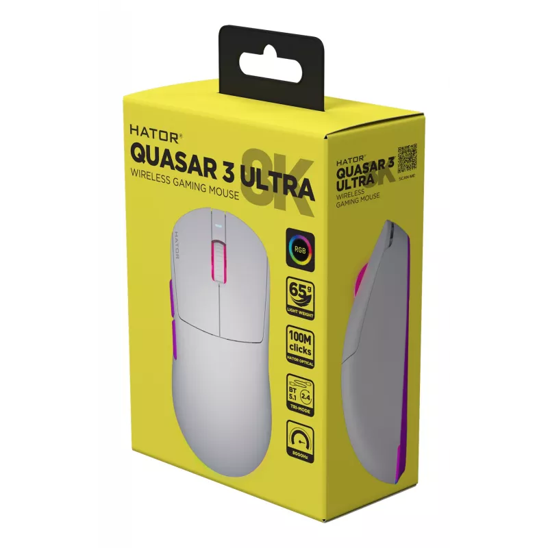 HATOR Quasar 3 Ultra 8K Wireless-hiiri pelikäyttöön molempikätinen RF Wireless + Bluetooth + USB Type-A optinen 30000 DPI