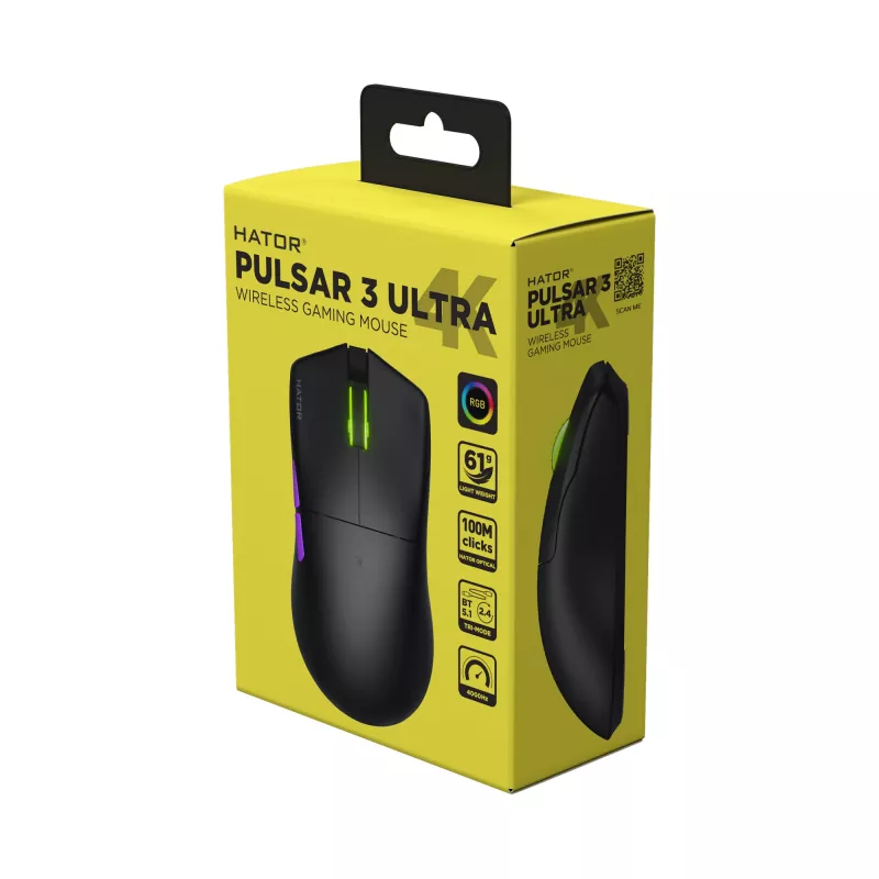 HATOR Pulsar 3 ULTRA 4K Wireless hiiri pelikäyttöön oikeakätinen RF Wireless + Bluetooth + USB Type-A optinen 30000 DPI
