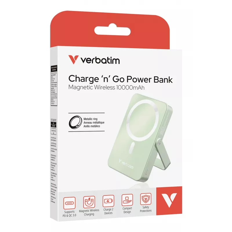 Verbatim Charge 'n' Go magneettinen langaton varavirtalähde jalustalla – 10000 mAh vihreä
