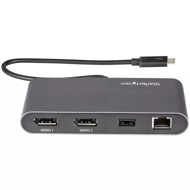 StarTech.com Dual-Monitor Thunderbolt Mini Dock, 4K 60Hz DisplayPort, ajuriton keskitin Windowsille & Macille, Gigabit Ethernet, 1x USB-A (USB 5Gbps), 11in (28cm) kaapeli