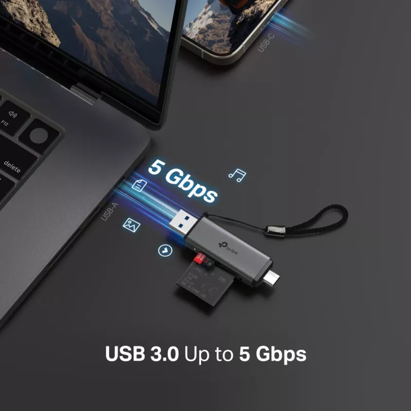 Kortinlukija TP‑LINK UA430D USB 3.1 — MicroSD/SD-tuki, 200 Mbit/s, musta, 75×22,9×9,3 mm