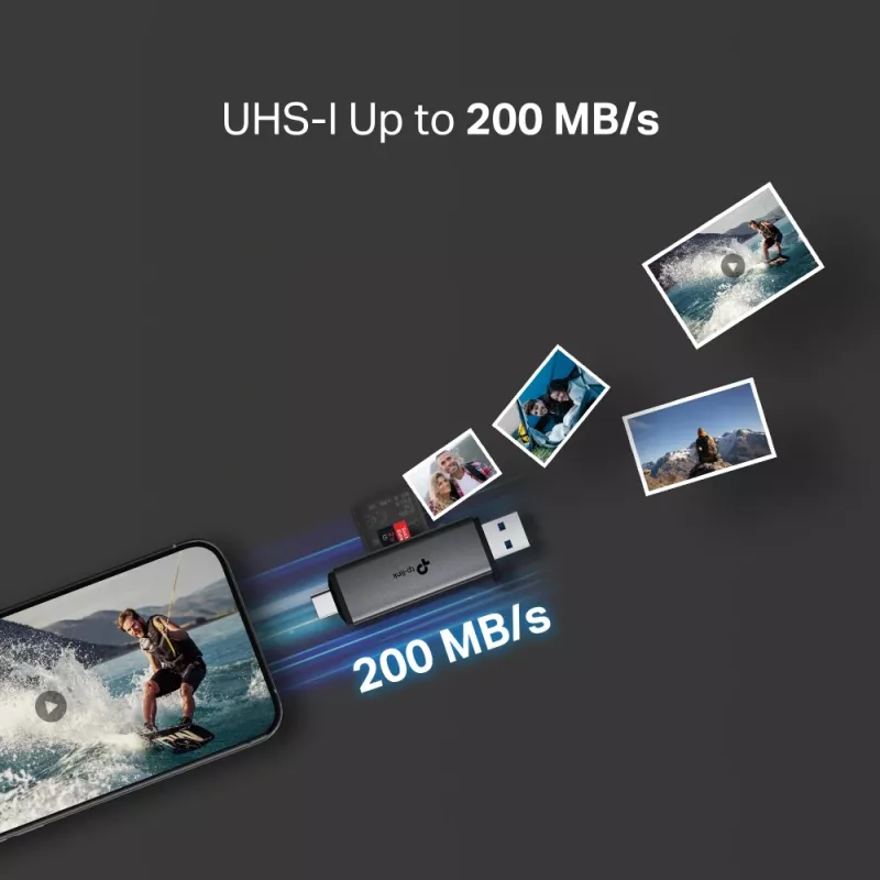 Kortinlukija TP‑LINK UA430D USB 3.1 — MicroSD/SD-tuki, 200 Mbit/s, musta, 75×22,9×9,3 mm
