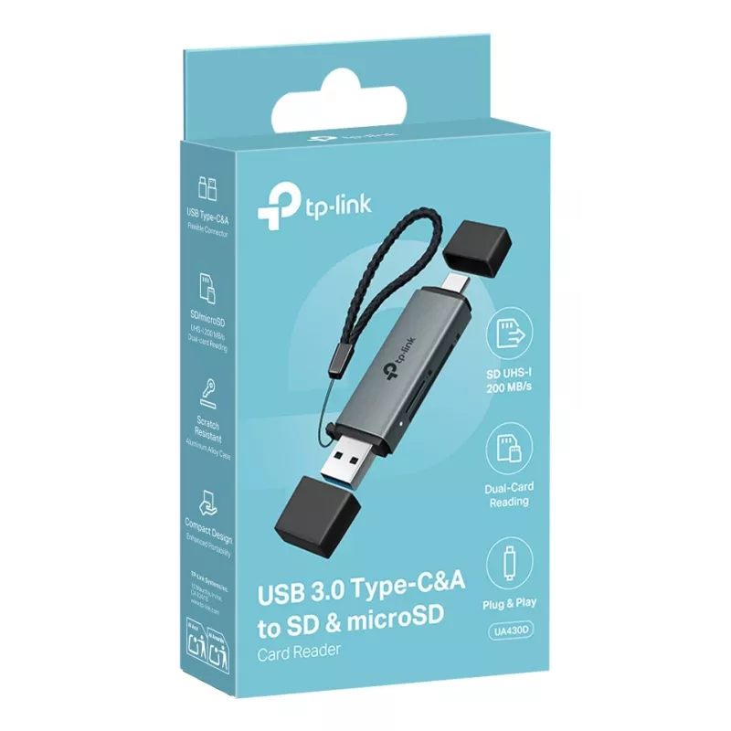 Kortinlukija TP‑LINK UA430D USB 3.1 — MicroSD/SD-tuki, 200 Mbit/s, musta, 75×22,9×9,3 mm