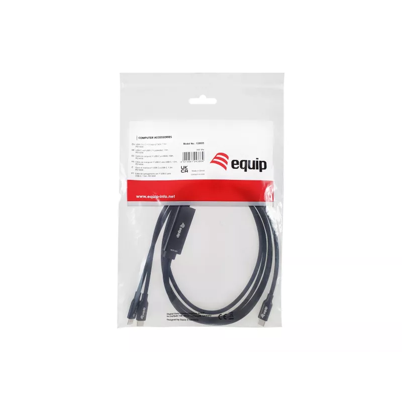 USB-C–2x USB-C Y-latauskaapeli EQUIP 1,5 m PD 140 W, USB 2.0, musta