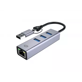 USB-C–Gigabit-verkkosovitin ja 3-porttinen USB-keskitin CONCEPTRONIC ABBY25G — USB 3.2 Gen 1, 1 Gbit/s Ethernet, 3x USB-A, alumiini, harmaa